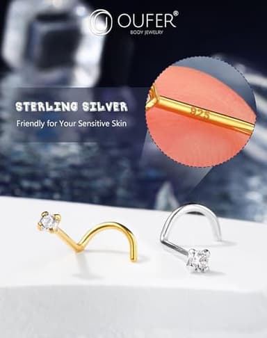OUFER 925 Sterling Silver Nose Studs, Bone L Screw Shaped Nose Rings, 20G Nostril Solid 2mm Round CZ Nose Piercing Jewelry for Women Men-Screw Shaped Gold - Image 2