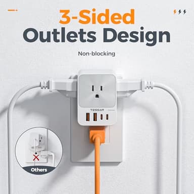 USB C Charger Block 20W PD, TESSAN 4 USB Wall Charger Fast Charging with 3 Outlet Extender Surge Protector, 3 Side Multi Port Adapter, Electric Multiple Outlet Plug for Home Office Dorm Room - Image 4