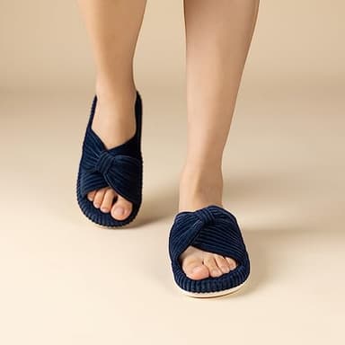 Chantomoo Slippers for Women Memory Foam House Bedroom Corduroy Bow Crossbands Slide Slipper Shoes Comfy Trendy Gift Slippers Navy Blue Size7 8 6.5 - Image 6