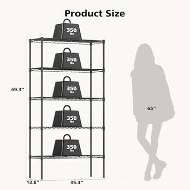 DUMOS 5 Tier Metal Wire Rack Shelf Heavy Duty Standing Shelves Adjustable Steel Closet Shelving Unit Organizers and Storage for Kitchen Bathroom Pantry Office, 13.78" D x 35.43" W x 69.29" H - Image 3