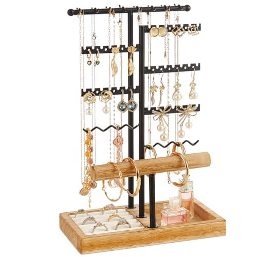 Poyilooo Earring Holder Jewelry Stand, 3 Tier Jewelry Organizer with Ring Holder Tray for Necklace Earring Keychains Bracelet Rings Display Jewelry Tree Stand Christmas Gifts (Carbonized Brown) - Image 1
