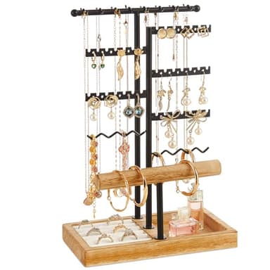 Poyilooo Earring Holder Jewelry Stand, 3 Tier Jewelry Organizer with Ring Holder Tray for Necklace Earring Keychains Bracelet Rings Display Jewelry Tree Stand Christmas Gifts (Carbonized Brown) - Image 1