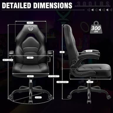 BestGlory Gaming Chair, Leather High-Back Home Office Desk Chair with Flip-Up Arms, Ergonomic Padded Rolling Wheels Swivel Tilt Gamer Computer Chair with Comfy Lumbar Support, Height Adjustable, Black - Image 3