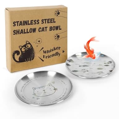 Petdream 2 Pcs Stainless Steel Cat Dishes with Engraving Patterns,Whisker-Friendly Shallow Dishes for Indoor Cats 6.7" - Image 1