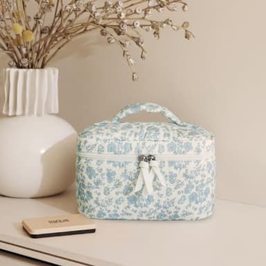 Prite Large Makeup Bag Cute Cosmetic Bag for Women Floral Coquette Aesthetic Toiletry Bag Travel Make Up Organizer Bag(Blue Flower) - Image 7