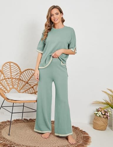 Tanming Sweater Sets Women 2 Piece Lounge Sets Short Sleeve Knit Pullover Tops Wide Leg Pants (GreyGreen-S) - Image 2
