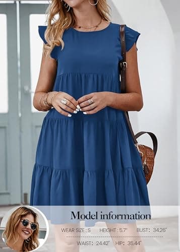 KIRUNDO Casual Summer Dresses Women's Sleeveless Ruffle Sleeve Round Neck Solid Loose Short Flowy Pleated Mini Babydoll Dress (Dark Blue, Large) - Image 2
