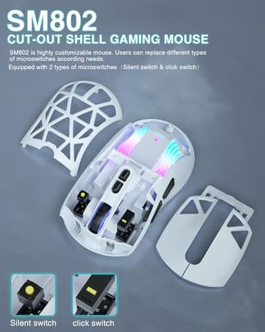 SOLAKAKA SM802 White Wireless Gaming Mouse,10000 DPI,Tri-Mode Wired/BT 5.0/2.4GHz Wireless Mouse Gaming with Side Button,RGB Programmable Macro Mouse for Laptop - Image 5