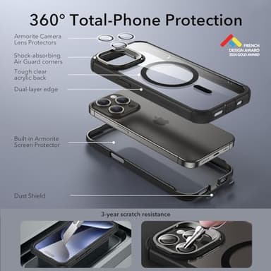 ESR for iPhone 15 Pro Max Case with Stand, Compatible with MagSafe, Full-Body Military-Grade Drop Proof Case with Built-in 9H+ Tempered Glass Screen Protector, Armor Series, Clear Black - Image 3