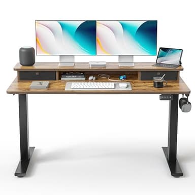 FEZIBO 55'' x 24'' Height Adjustable Electric Standing Desk with Double Drawer, Computer Workstation, Home Office Stand Up Table with 4 Height-Adjustable Feets & 2 Hooks, Vintage Brown - Image 1
