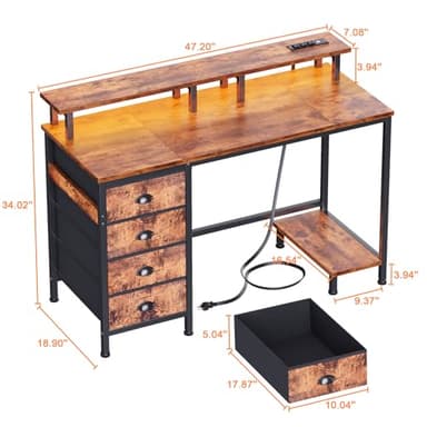 Furologee 47" Computer Desk with 4 Fabric Drawers & Monitor Stand, Gaming Desk with Power Outlets - LED Lights, Home Office Space-Saving Study Table for Bedroom Small Spaces (Rustic Brown) - Image 3