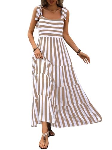 PRETTYGARDEN Womens Dresses 2025 Summer Striped Sleeveless Maxi Dress Casual Spaghetti Strap Tiered Flowy Beach Long Dress(Striped Khaki,Small) - Image 1