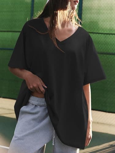 ATHMILE Womens Summer Oversized Shirts V Neck Plus Size Spring Workout Tops Beach Vacation 2025 Gym Clothes Black - Image 4