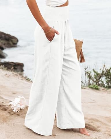 Angerella Women's Wide Leg Lounge Pants with Pockets Lightweight High Waisted Summer Beach Loose Flowy Trousers White XXL - Image 4