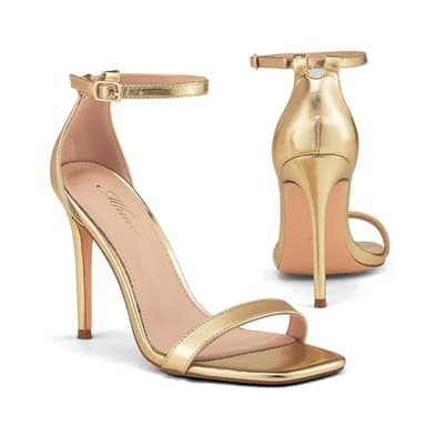 Mhuire Stylish 4 IN Square Open Toe Ankle Strap Stiletto Heels for Women Plain Trendy Strappy Heeled Sandals gold 7 - Image 2