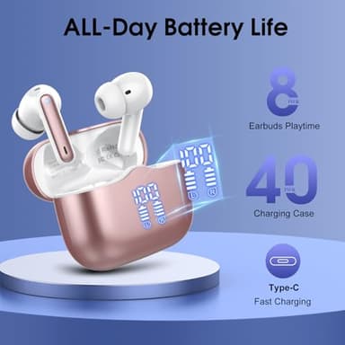 Wireless Earbuds, 2025 Bluetooth 5.4 Headphones in Ear with Stereo Deep Bass, 40H Bluetooth Ear Buds with 4 ENC Noise Cancelling Mics, IP7 Waterproof Earphones Hands-Free Calls LED Display Gold Pink - Image 3