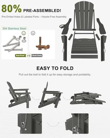 ABCPATIO Folding Adirondack Chairs - Plastic Adirondack Chairs with Cup Holder, Weather Resistant for Outdoor, Patio, Lawn, Garden, Backyard Deck, Fire Pit - Dark Gray - Image 7