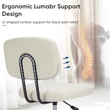 DUMOS Armless Home Office Desk Chair -Small Ergonomic with Low Back Lumbar Support, Height Adjustable PU Leather Computer Task with 360° Swivel Rolling Wheels, for Small Space, Beige White - Image 3