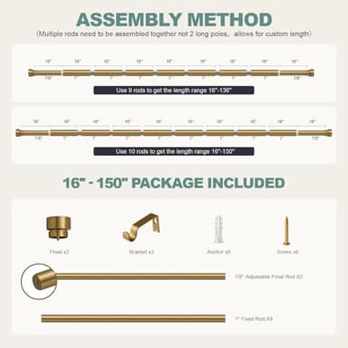 Warm Gold Curtain Rods for Windows 72 to 144 Inches Adjustable Length Heavy Duty 1" Diameter Brass Window Curtain Rod with Solid Metal Finials for Outdoor Farmhouse Bedroom Kitchen Living Room - Image 9