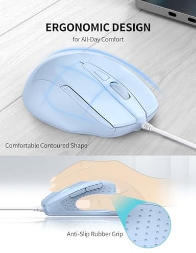 TECKNET Wired Mouse, 6-Button Corded with 4 Adjustable DPI, Optical Mouse with Ergonomic Design and 5FT Cord for Laptop, Chromebook, PC, Desktop, Mac, Notebook - LT.Blue - Image 4