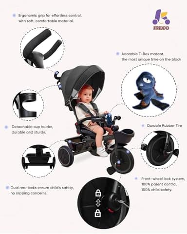 KRIDDO 7-in-1 Tricycle Stroller for Toddlers 18 Months to 5 Years, Adjustable Push Handle, Rotatable Seat, Cup Holder and Retractable Canopy, Folding Baby Trike w/Detachable Guardrail, Footrest, GY - Image 5