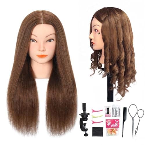 Opini Mannequin Head with 100% Real Human Hair Cosmetology Mannequin Head to Practice Hairstyles Doll Head Training Head for Hairdresser (Brown) - Image 1