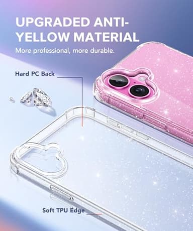 BERFY Compatible with iPhone 16 Case Glitter, [3 in 1] with Screen Protector + Camera Lens Protector, [Non-Yellowing] Clear Sparkle Slim Shockproof Hard Phone Cover for Women 6.1", Shiny Clear - Image 3