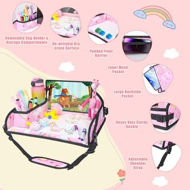 DxTing Kids Travel Tray for Car Airplane - Car Seat Tray for Kids Travel, Toddler Carseat Lap Table, Road Trip Essentials, Lap Desk for Kid Roadtrip Activities, Pink Unicorn - Image 5