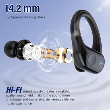 Qecnato Wireless Earbuds Bluetooth 5.4 Headphones 75H Stereo Deep Bass Sports Over Ear Buds with Earhooks, LED Display Bluetooth Earbuds with 4 ENC Mic, IP7 Waterproof Earphone for Running, Black - Image 3