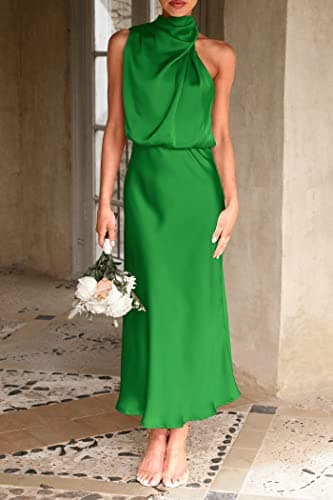 PRETTYGARDEN Women's 2025 Summer Satin Dress Elegant Sleeveless Mock Neck Cocktail Party Maxi Dresses (Bright Green,X-Large) - Image 3