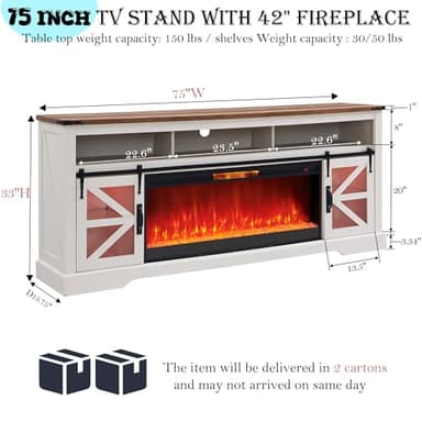 OKD Fireplace TV Stand for 85" TV, 33" Tall Highboy Farmhouse Entertainment Center w/ 42'' Electric Fireplace & LED Light, Rustic Media Console w/Sliding Barn Door for Living Room, Antique White - Image 2