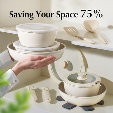 Redchef Pans and Pots Set Nonstick, Ceramic Cookware Set with Detachable Handles, Healthy,Non Toxic, Kitchen Cookware Sets16Pcs, Induction RV Kitchen Set, PFAS PFOA & PTFE Free, Beige White - Image 4