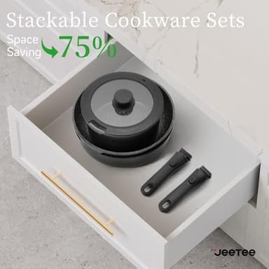 JEETEE Pots and Pans Set Non Stick 17pcs, Kitchen Cookware Sets with Detachable Handle, Induction Nonstick Cookware Set with Removable Handle, Stackable RV Cookware, Oven Safe, PFAS/PFOA Free, Black - Image 7