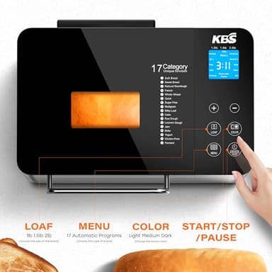 KBS Pro 710W Bread Maker, 2LB 17-in-1 Automatic Bread Machine with Healthy Ceramic Pan, Nut Dispenser, Tempered Glass Touch Panel, Stainless Steel Housing,3 Crust Colors, 15H Timer&Keep-Warm, Recipe - Image 3