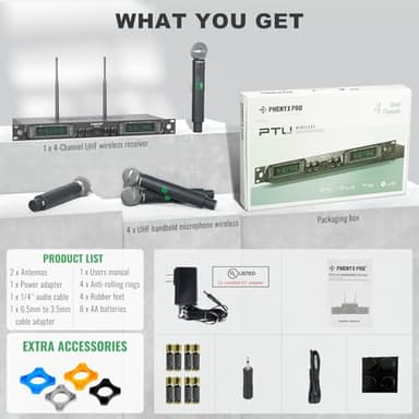Phenyx Pro Wireless Microphone System, 4-Channel UHF Wireless Mic, Fixed Frequency Metal Cordless Mic with 4 Handheld Dynamic Microphones, 260ft Range, Mics for Singing, Church(PTU-5000-4H) - Image 7