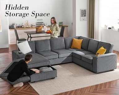 PaPaJet U Shaped Couch, 112 Inch Oversized Couch with Storage Chaise, Sectional Sofa with Cup Holders & 2 USB Ports, Corduroy Grey Sofa - Image 4