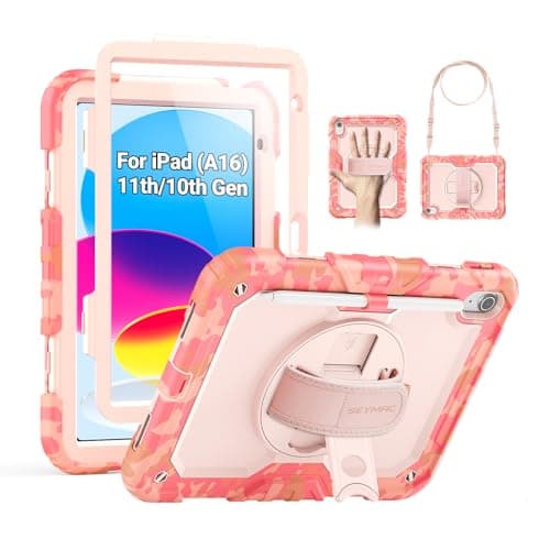 SEYMAC Case for iPad (A16) 11th/10th Generation 2025/2022 (11″/10.9″), Heavy Duty Full-Body Shockproof Protective Case with Screen Protector, Rotating Stand, Hand/Shoulder Strap, Multicolor/Pink - Image 1