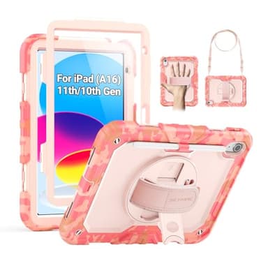 SEYMAC Case for iPad (A16) 11th/10th Generation 2025/2022 (11″/10.9″), Heavy Duty Full-Body Shockproof Protective Case with Screen Protector, Rotating Stand, Hand/Shoulder Strap, Multicolor/Pink - Image 1