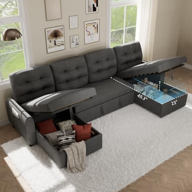 Ucloveria Sectional Sofa Couch, 112" Sleeper Sofa Bed with Dual Reversible Storage Chaise Pull Out Couch for Living Room | Side Pocket | Charging Station | Removable Backrest | Linen Fabric, Dark Grey - Image 3