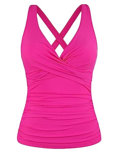 Hilor Supportive Swimsuits Built in Bra Underwire Tankini Tops for Women Swimwear Top Only Hot Pink Tummy Control Bathing Suit 22 - Image 1