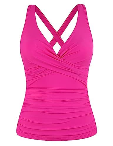 Hilor Supportive Swimsuits Built in Bra Underwire Tankini Tops for Women Swimwear Top Only Hot Pink Tummy Control Bathing Suit 22 - Image 1