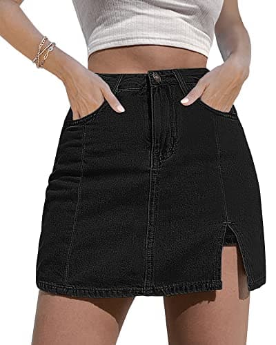 luvamia Skorts Skirts for Women Denim Mini Skirt Side Slit with High Waisted Jean Shorts Stretchy Black Jean Shorts for Women Cute Country Concert Outfits Soft Black X-Large Size 16-18 - Image 1