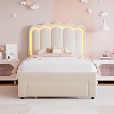 Twin Upholstered LED Bed Frame with Storage Drawer and Adjustable Chic Double Wavy Headboard, Velvet Princess Platform Bed for Kids/Girls, Solid Wood Slats Support, No Box Spring Needed, Beige - Image 8