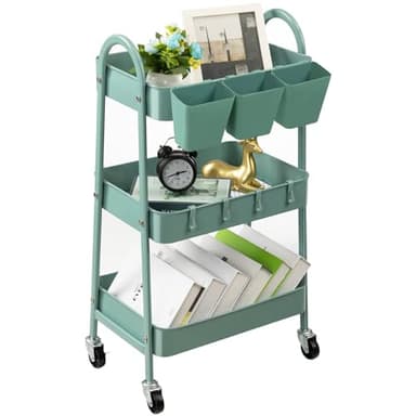 danpinera 3-Tier Rolling Cart, Metal Rolling Storage Cart with Lockable Wheels & Hanging Cups & Hooks, Mobile Trolley for Kitchen, Bathroom, Office, Workshop, Green - Image 1