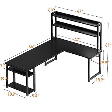 ODK L Shaped Gaming Desk with Hutch, Computer Desk with Storage Shelves, 66" L Shaped Desk for Home Office, Corner Desk with Headphone Hook, Black - Image 3