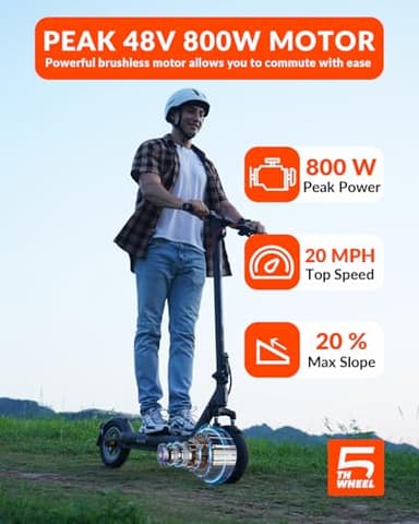 5TH WHEEL V40 PRO Electric Scooters, 48V 800W Peak Motor & 20 MPH, 24.9 Miles Range, 10" Solid Tires, Front-N-Rear Suspension and Ambient Light, Folding Sport Scooters with Dual Brake System and APP - Image 4