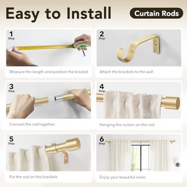 IFELS Heavy Duty Curtain Rods for Windows 66 to 120 Inch, 1 Inch Gold Curtain Rod, Adjustable Decorative Long Curtains Rods with Easy Installation and Modern Design (A2,Gold,30"-120") - Image 7