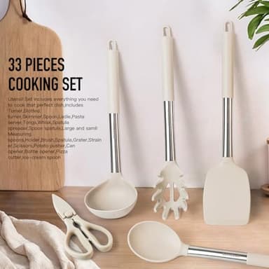 Kitchen Utensils Set-Silicone Cooking Utensils-33pcs Non-Stick Silicone Cooking Kitchen Utensils Spatula Set with Holder-Best Kitchen Cookware with Stainless Steel Handle (Khaki) - Image 4