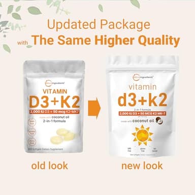 Micro Ingredients Vitamin D3 2,000 IU + K2 MK-7 50 mcg, 300 Softgels | Virgin Coconut Oil | 2-in-1 Bone, Immune & Heart Support | Easy to Swallow, Non-GMO - Image 3