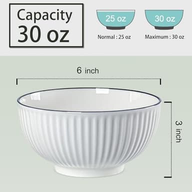 Yuanlity 6-Piece 30 oz Modern Ceramic Striped Bowls, Off-White, 6 Inch Diameter, 3 Inch Height, Multi-Purpose (Soup, Cereal, Ramen, Salad), Microwave & Dishwasher Safe - Image 3